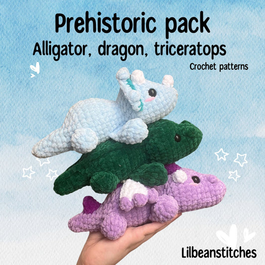 Prehistoric stackimals crochet pattern, crochet dragon pattern, crochet alligator, crochet triceratops pattern, market prep crochet patterns