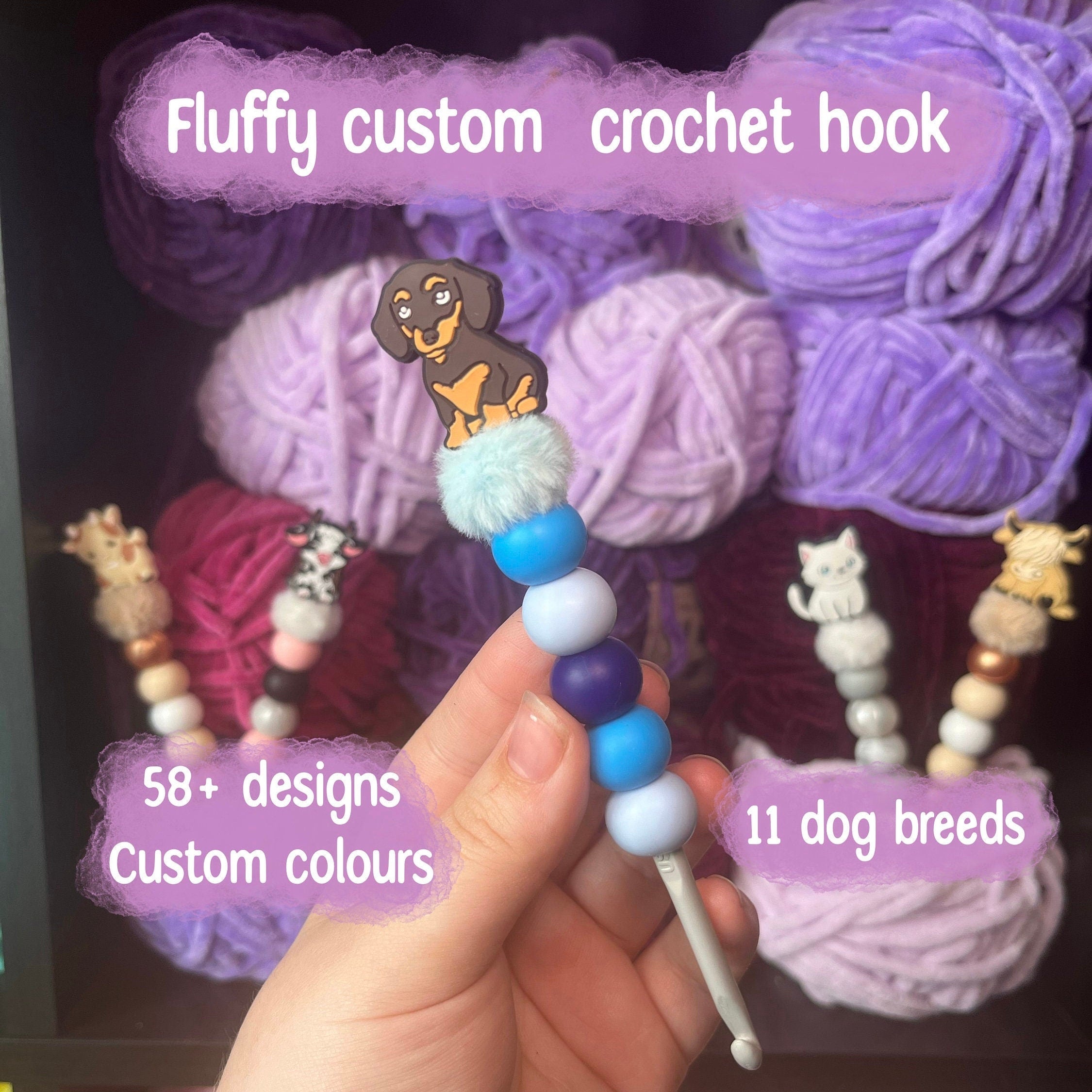 Fluffy crochet hook, custom crochet hook, ergonomic crochet hook, dog crochet hook, crochet gift, crochet present, beaded hook, novelty hook